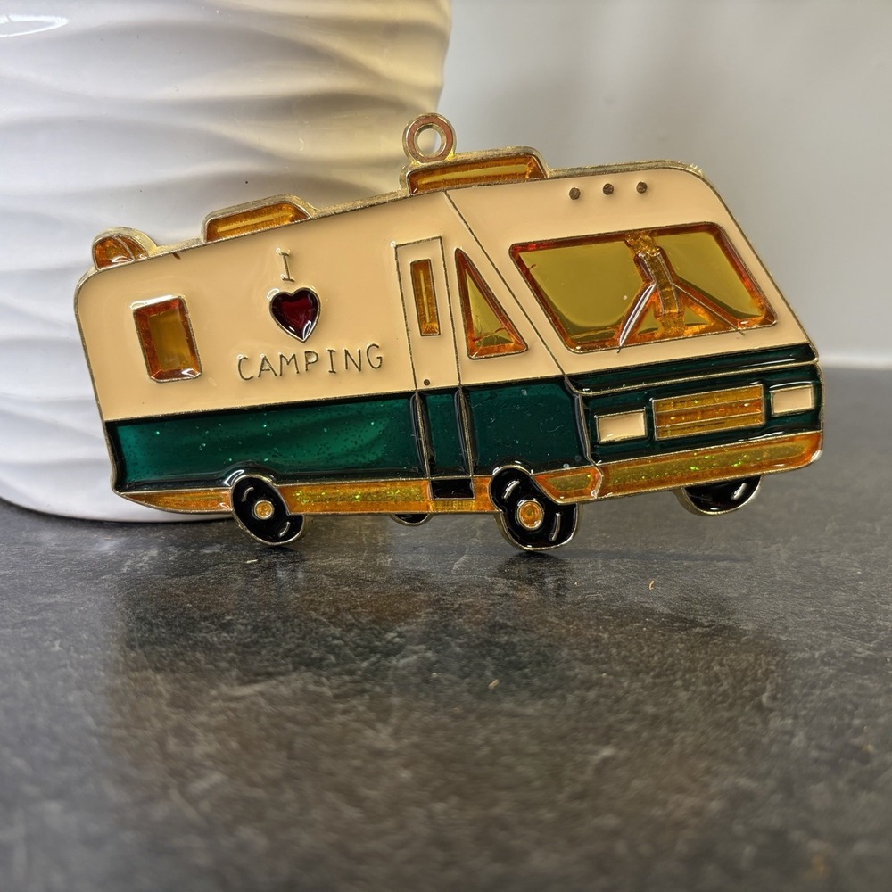 70s I Love Camping RV Camper Stained Glass Suncatcher Ornament 5.25" Green Gold